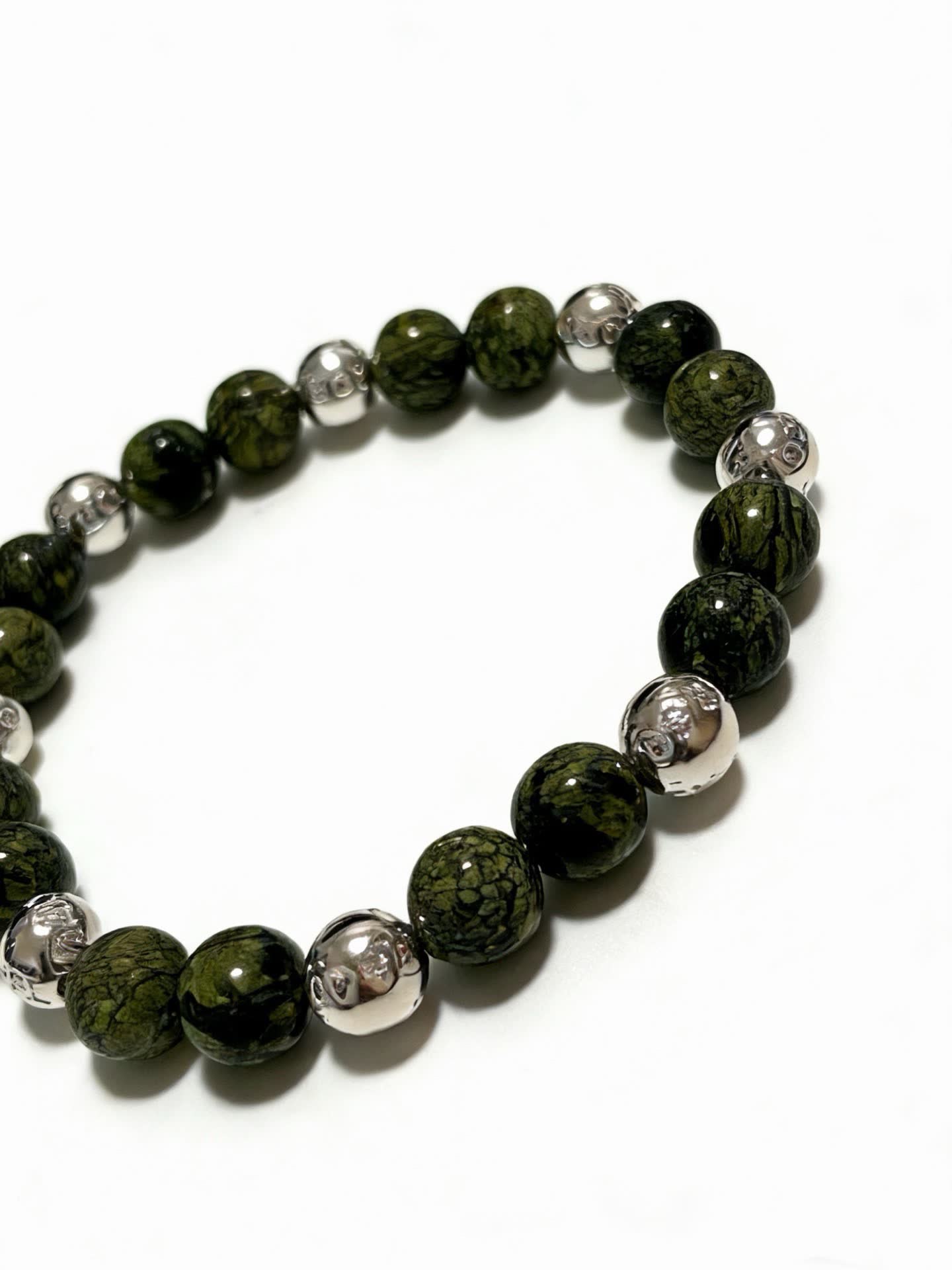 Tiffany & Co Green Stone Beaded Bracelet with Silver Accents